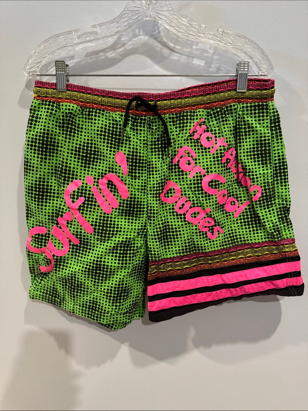 VTG 80s 90s Pacific Scene Neon Green Pink Surfin' Swim Trunks Shorts Size Large